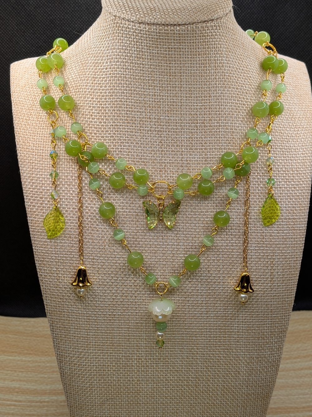 Handmade Green Multi-Strand  Necklace and Earrings Set - Coquette, Cottagecore